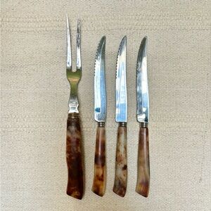 Vintage Galaxie Knives (3) & Serving Fork (1) Set Stainless Steel Bakelite